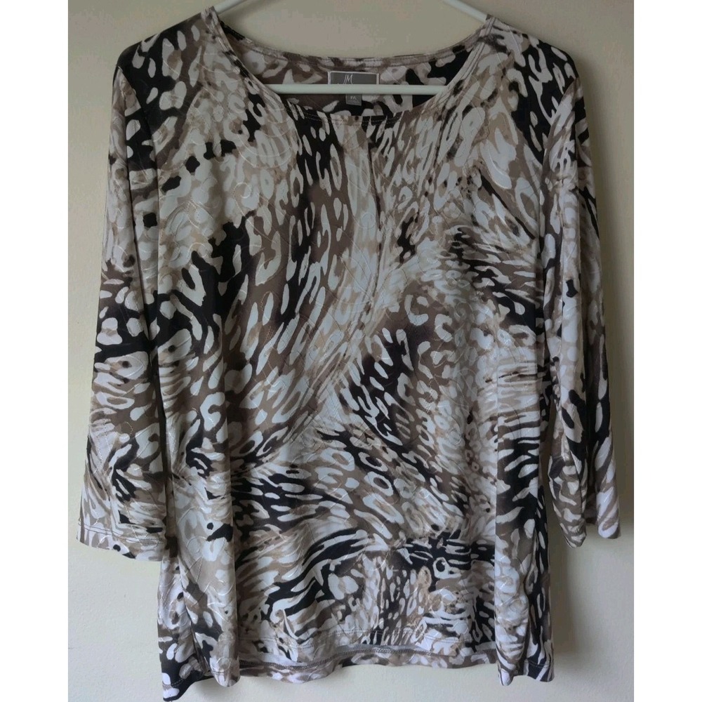 JM Collection Top Women's Petite Animal Print Blouse Size P/L Black/Brown/White